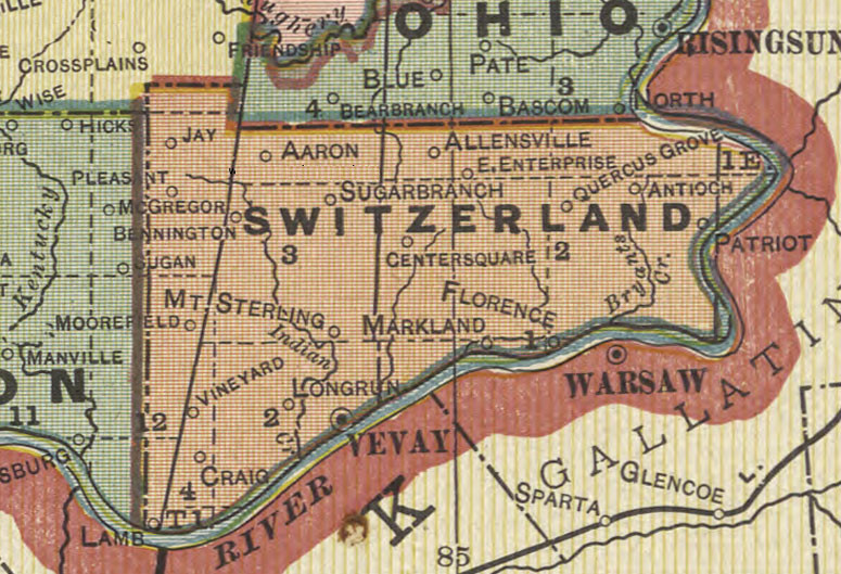 Colorful map of Switzerland County showing many locations discussed on this page.